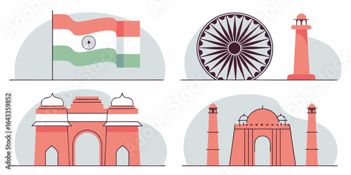Illustration showcasing indian flag ashoka chakra india gate and a mosque in a stylized design format created with generative ai
