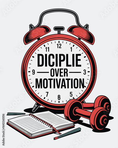 Alarm clock displays discipline over motivation next to dumbbells and notebook T Shirt Design