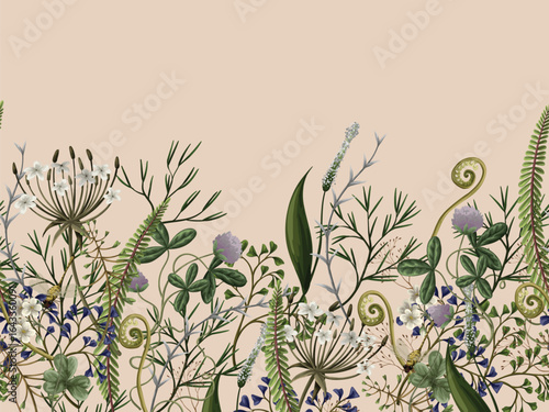 Border of autumn forest plants, wild berries, clovers, herbs, ferns, and mushrooms