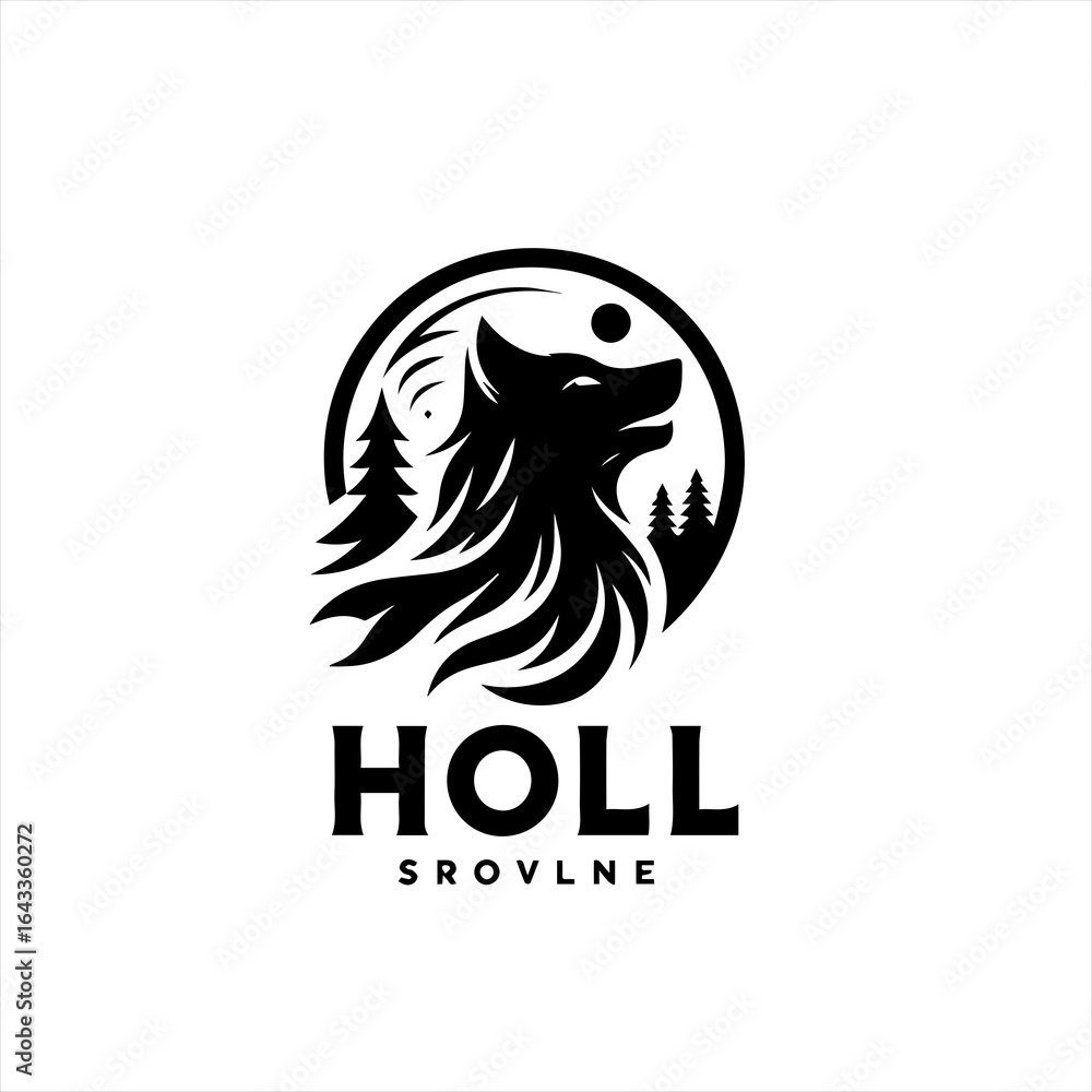 Obraz premium Stylized wolf head with trees and moon logo design