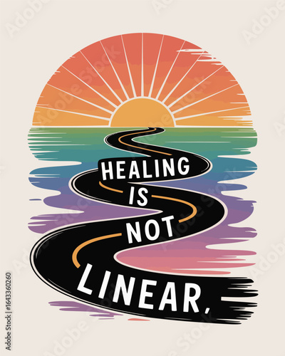 A winding road to healing under a vibrant rainbow sunset symbolizing a non linear journey T Shirt Design
