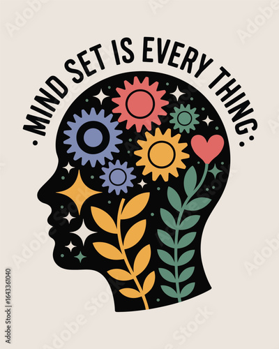 Creative mindset illustration featuring gears flowers and stars inside a human head T Shirt Design