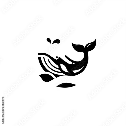 Stylized black whale breaching and spouting water in the ocean