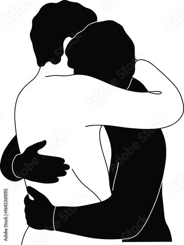 Couple hugging silhouette – black and white vector illustration showing intimate embrace, love, connection, unity, warmth, support, and emotional closeness.