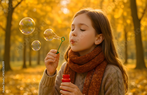 A young girl wearing a cozy sweater blowing soap bubbles in a park surrounded by autumn leaves on a sunny fall afternoon