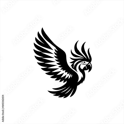 Stylized black silhouette of a cockatoo in flight