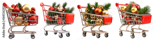 Collection of shopping carts filled with christmas gifts and decorations isolated on white background

