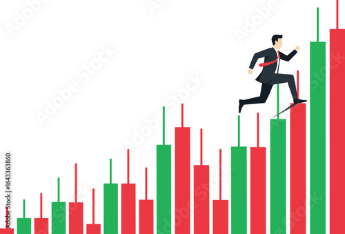 Businessman climbing up stock market candlestick chart symbolizing growth, success, and financial progress
