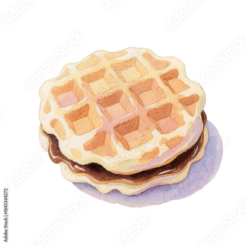 Watercolor Waffle with Chocolate Filling. Hand-drawn Dessert Illustration on White Background.