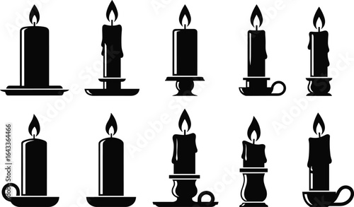 Candle silhouettes with flames, black wax candle icons, vintage candle holder designs, romantic lighting art, burning wax illustration, decorative candle graphics