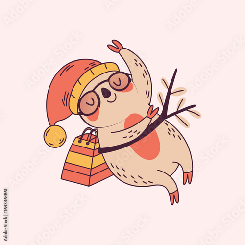 Cute sloth wearing santa hat with shopping bag and branch.eps