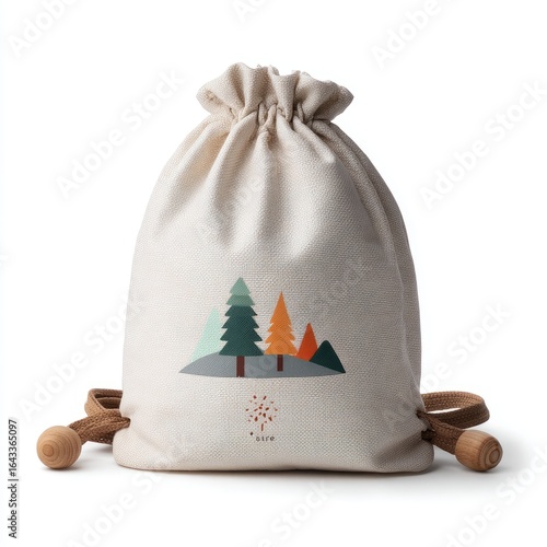 Cream-colored drawstring bag with woodland print