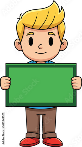 Cartoon boy with blonde hair holding blank green sign board, character illustration, advertisement banner, empty message space, vector design concept