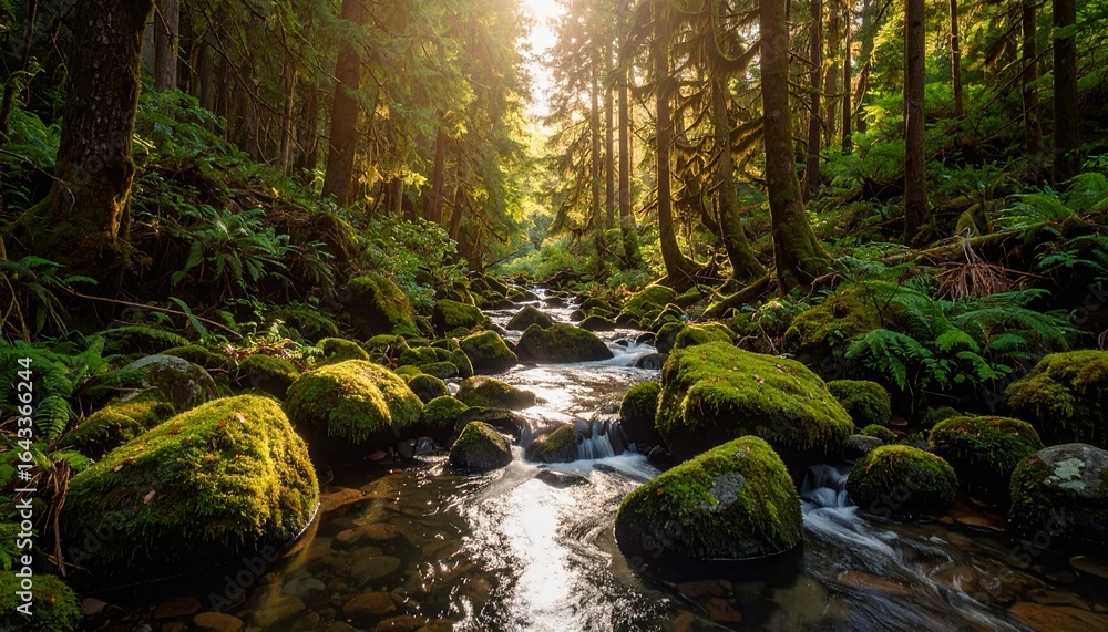 Obraz premium Tranquil Forest Stream with Mossy Rocks and Sunlight