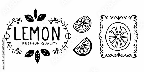 Illustration featuring lemon themed designs with leaves and decorative borders in a black and white style on transparent background