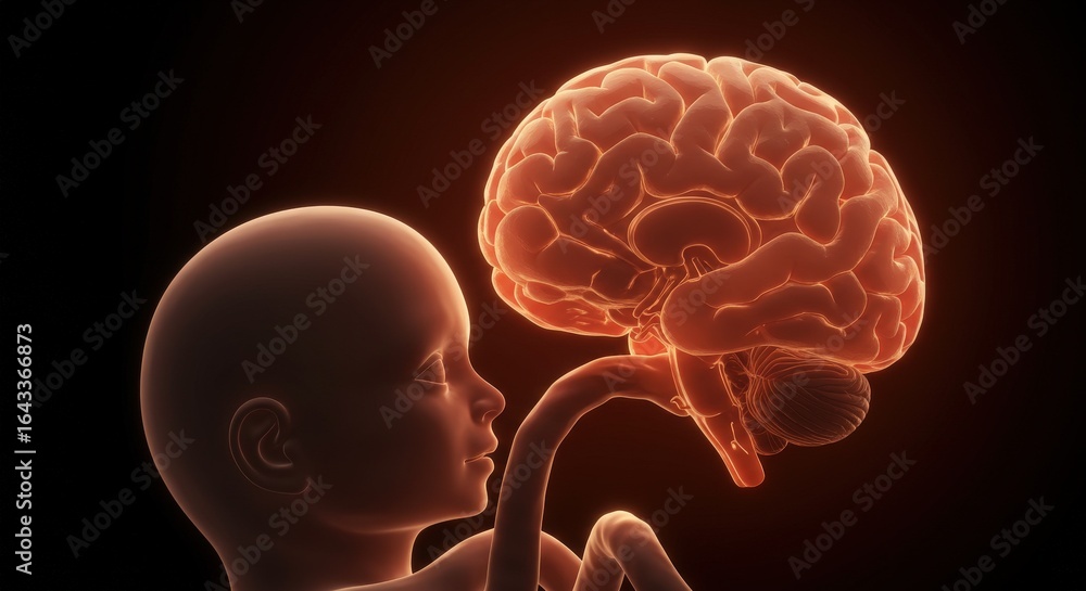 Obraz premium Fetus and Brain: Medical Illustration on Black Background.