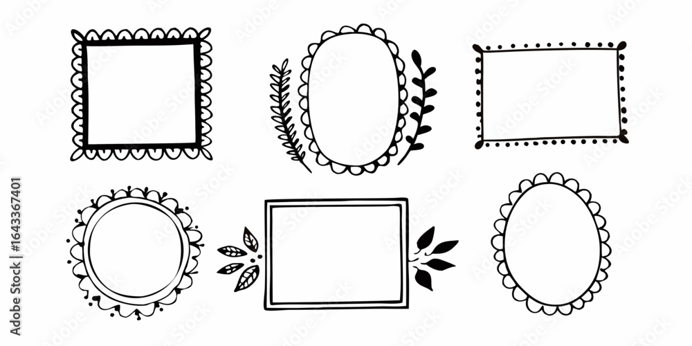 Illustration of six hand drawn frames with decorative borders and floral accents on a white background on transparent background Illustration of six hand drawn frames with decorative borders and floral accents on a white background on transparent background