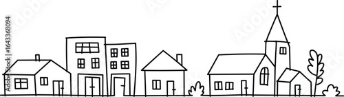Hand-drawn town skyline illustration with houses, church, buildings, trees, minimal line art of small village street scene