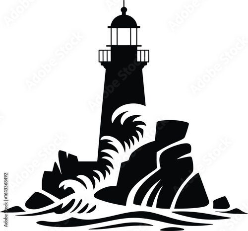 Lighthouse on rocky shore with waves silhouette beacon