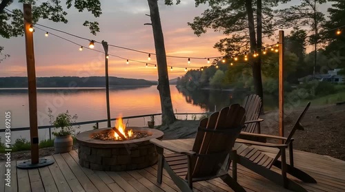 Cozy outdoor fire pit with Adirondack chairs on a wooden deck. surrounded by string lights and a scenic lake view at sunset.