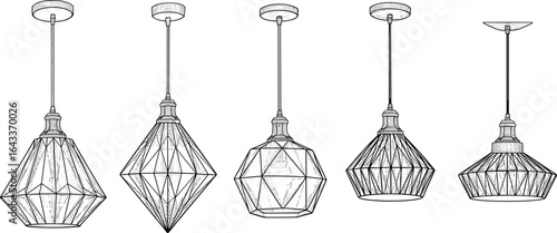 Modern geometric pendant light set, elegant industrial ceiling lamps, vintage hanging lighting design for kitchen, dining, loft, or café decor