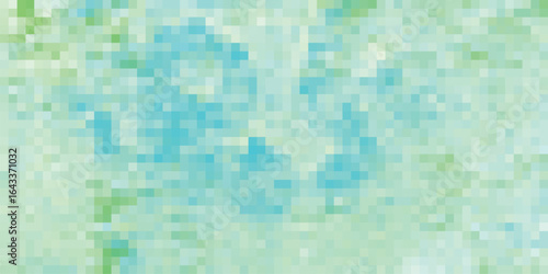 Pixelated depiction of the sea merging with the sky in calming tones of green and blue representing the feeling of serenity and peace
