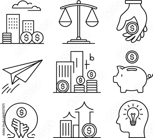 Set of business and finance line icons including buildings with coins, justice scales, money hand, paper airplane, piggy bank, growth chart, and creative idea bulb
