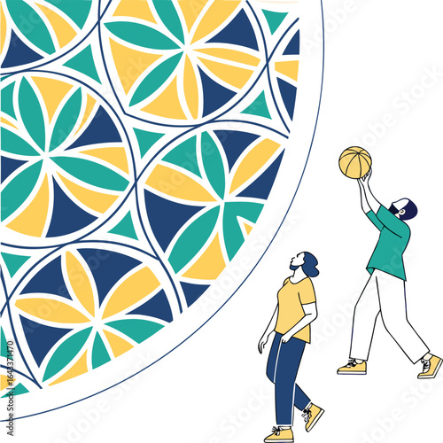Playful Basketball beside a Geometric Mosaic