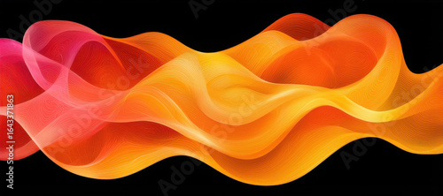 Flowing abstract waves in vibrant orange and pink hues create dynamic visual