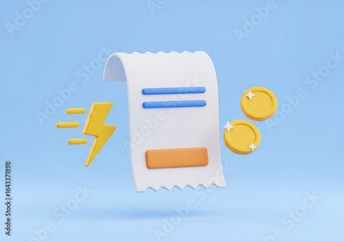 A 3d render of an electricity bill with coins and a lightning bolt on a blue background, representing the cost of energy and financial transactions