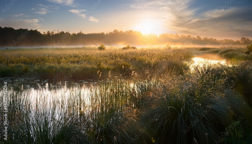 Obraz premium allure of a marsh at daybreak as initial rays of sunlight pierce distant horizon casting ethereal shadows upon swaying grasses while heralding advent of a fresh dawn in this magnificent wetland