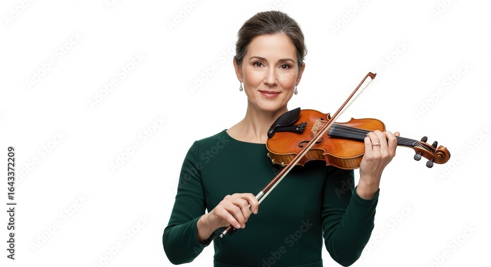 Woman with Violin Smiling Green Dress White Background. Woman with Violin Smiling Green Dress White Background.