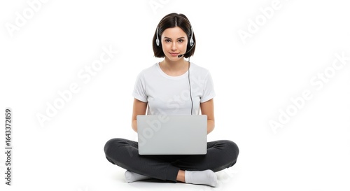 Woman with Headset and Laptop on White Background.