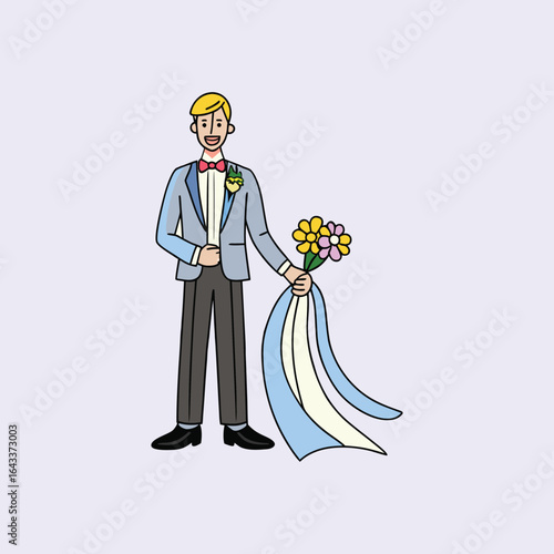 Groom holding wedding bouquet with flowing ribbons.eps