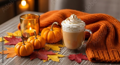 Fototapeta Naklejka Na Ścianę i Meble -  Cozy autumnal scene featuring pumpkin spice latte, pumpkins, and warm candlelight