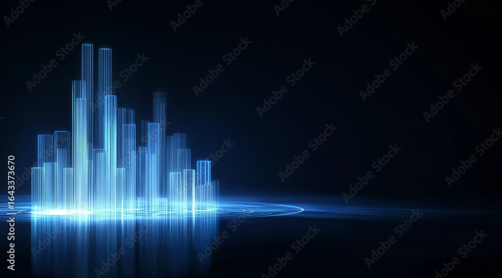Fototapeta premium Glowing Blue Cityscape Silhouette with Reflective Surface