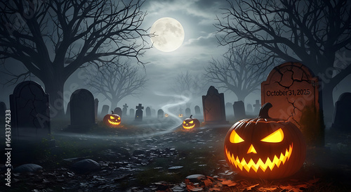Halloween night scene with pumpkins in a graveyard under a full moon