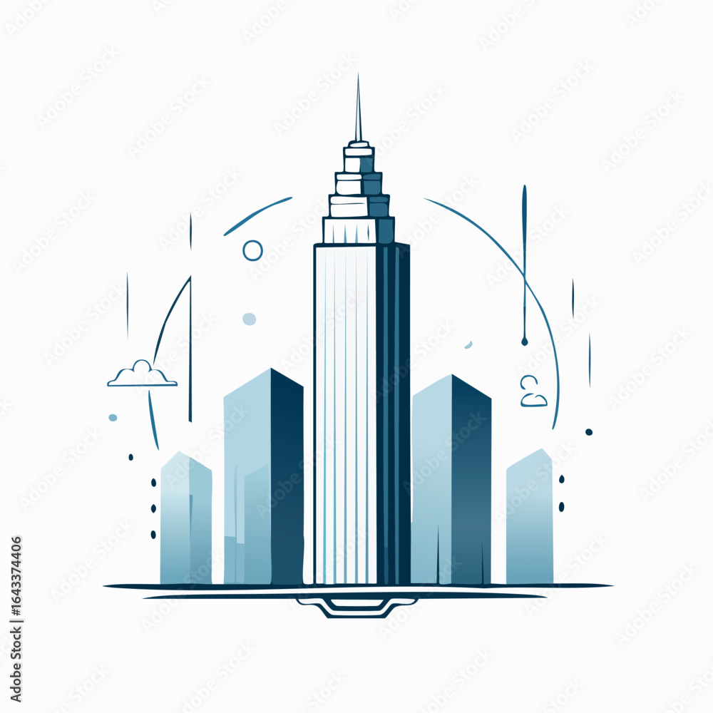 Obraz premium Minimalist skyscraper illustration with geometric shapes. Modern city skyline clipart in blue and gray tones, isolated on a white background.