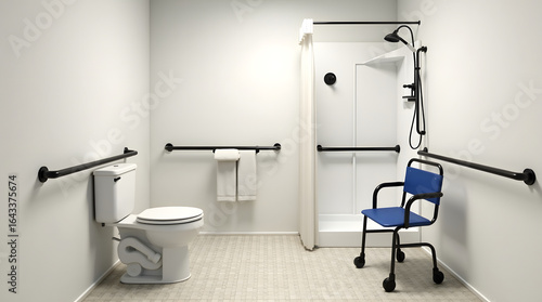 Accessible bathroom with grab bars, shower chair, and adapted toilet, designed for people with disabilities.
