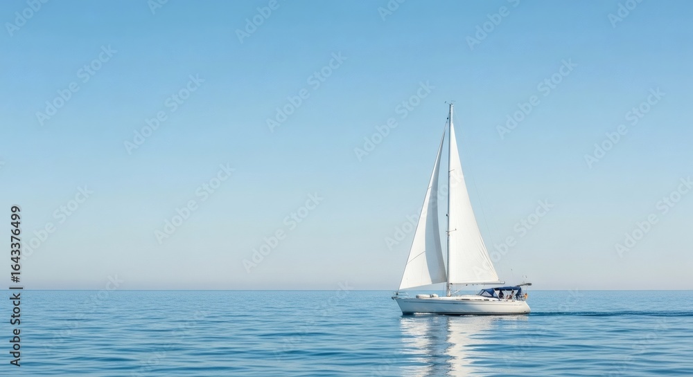 Fototapeta premium Whisked away on a tranquil sea, a white sailboat glides across the calm blue ocean under a clear sky.