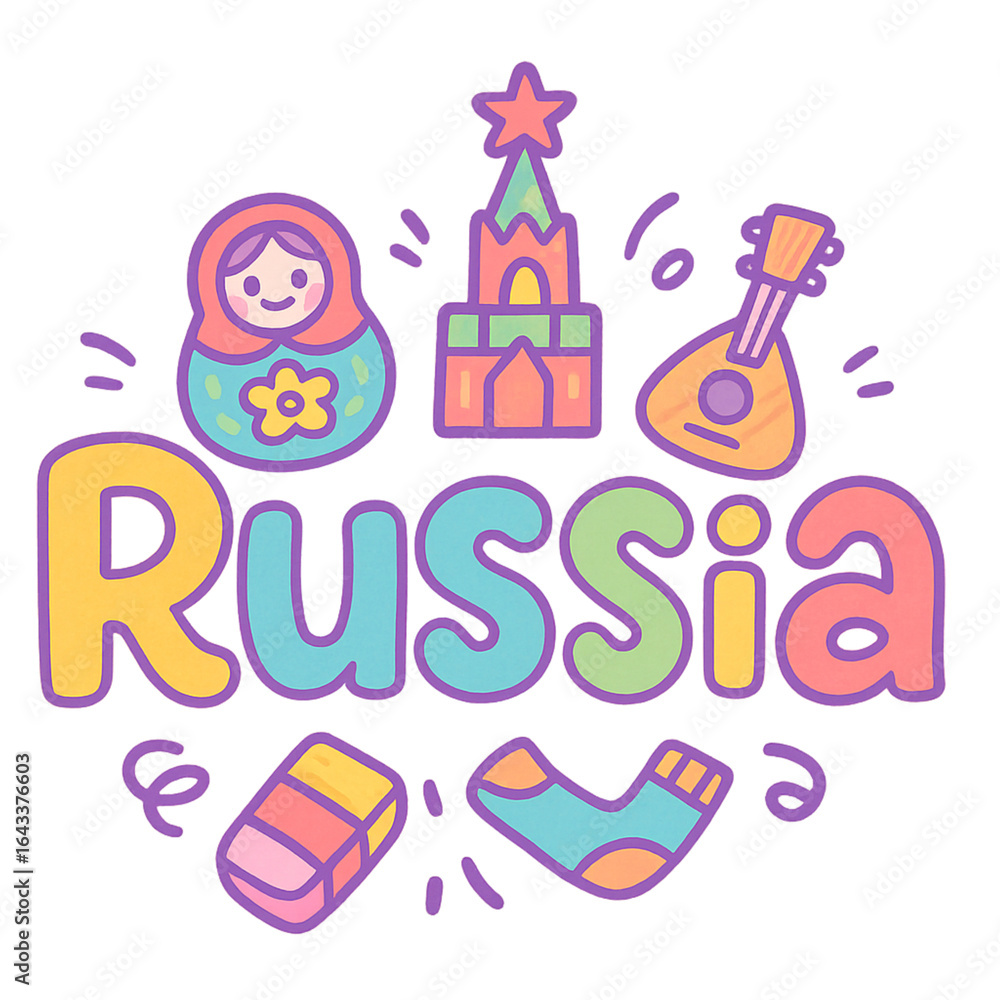 Naklejka premium Isolated Transparent, PNG Die Cut, Colorful and Playful Illustration Representing Russia with Matryoshka Doll, Iconic Architecture, Musical Instrument, and Cultural Symbols