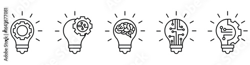 Vector icon collection featuring light bulbs with cogwheels and brains inside, symbolising creativity, innovation, and inspiration. Clean and modern stroke and line styles.