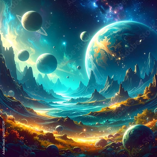 A vibrant, otherworldly landscape of fantastical planets and mountains.