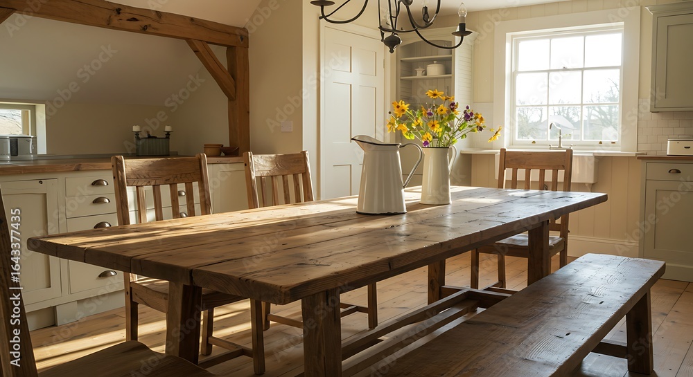 Fototapeta premium Rustic Wooden Dining Table with Benches and Flowers