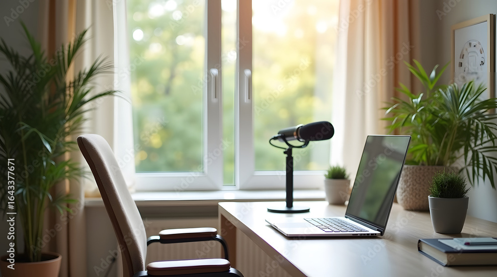 Fototapeta premium Podcast recording setup in a bright home office. Microphone, laptop, and plants on the desk.
