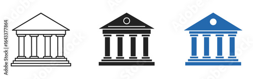 Bank and courthouse building icons set, government and finance architecture symbols in outline, solid, and colored vector styles
