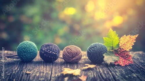Colorful yarn balls and autumn leaves on a rustic wooden surface in soft sunlight