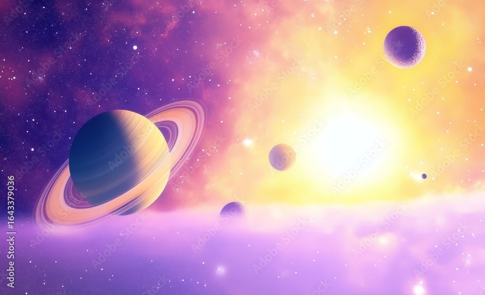 Naklejka premium Vibrant Cosmic Scene with Saturn and Planets Against a Radiant Sun