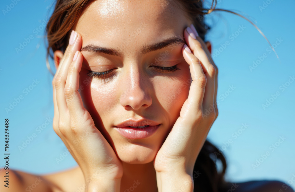 Fototapeta premium Woman with closed eyes holding her face in a peaceful expression against a bright blue sky