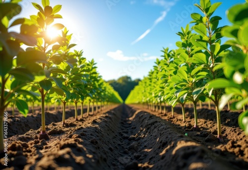 Lush green saplings growing in a well-tended agricultural field